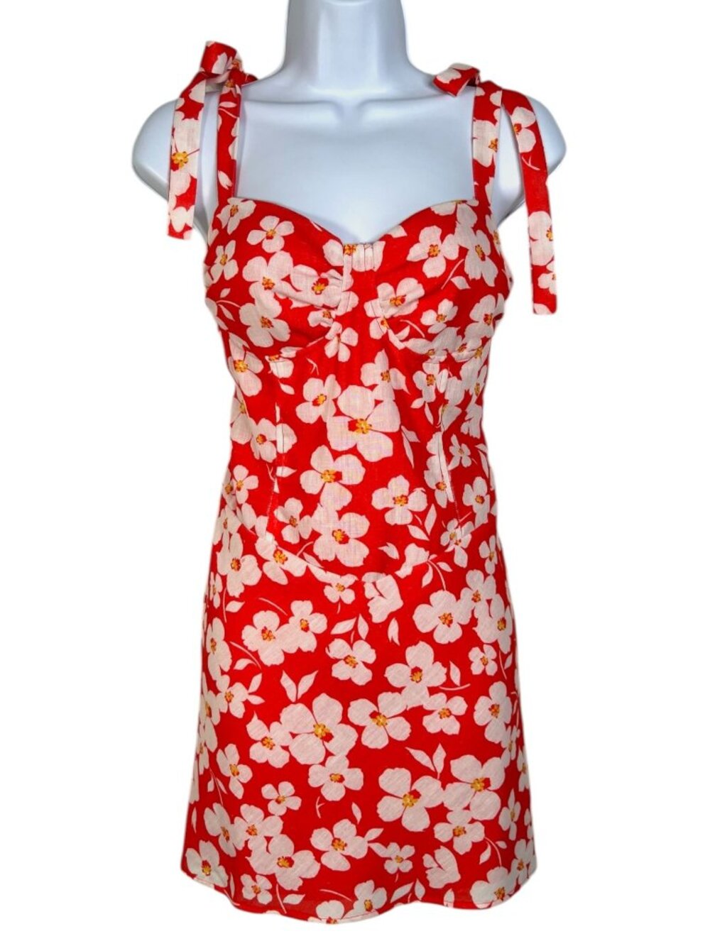 Hausen Hope Mini Dress Red White Floral Tie Strap Sundress Large - Picture 3 of 11